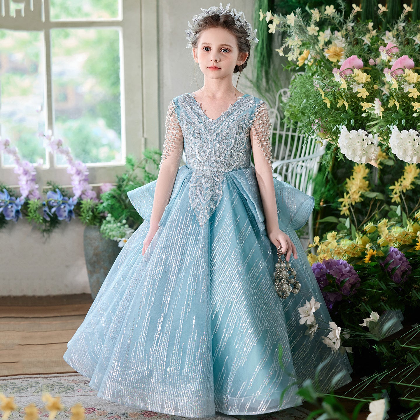 High - end Luxury Kids' Host Evening Gown for Birthday & Piano Performance