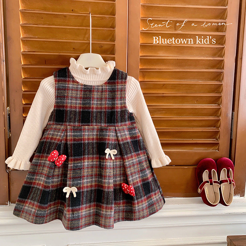 Dress children's clothing girls two plaid fleece dress new little girl no fleece knitted sweater set