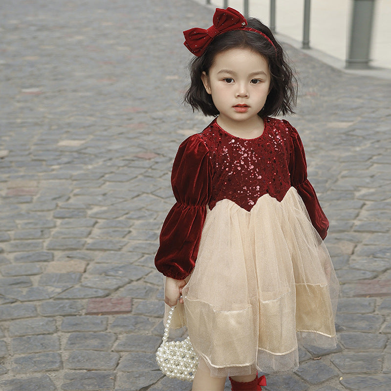 Girls dress autumn and winter 2025 new foreign style dress girls fleece thickened princess dress fluffy gauze skirt