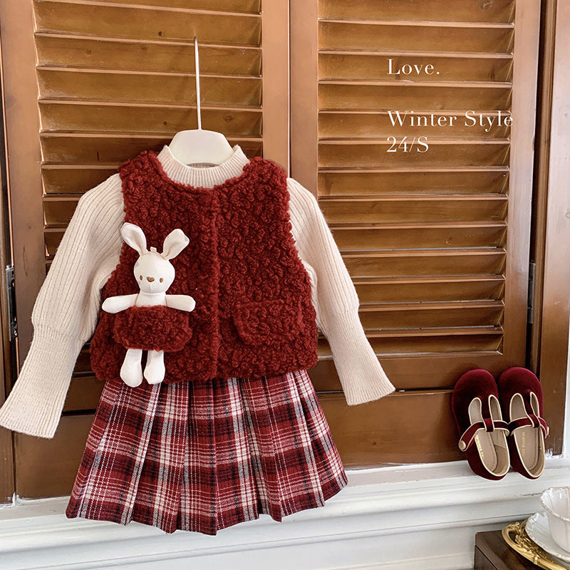 Girls autumn and winter 2025 new fashionable furry thickened vest knitted top plush pleated skirt three-piece set
