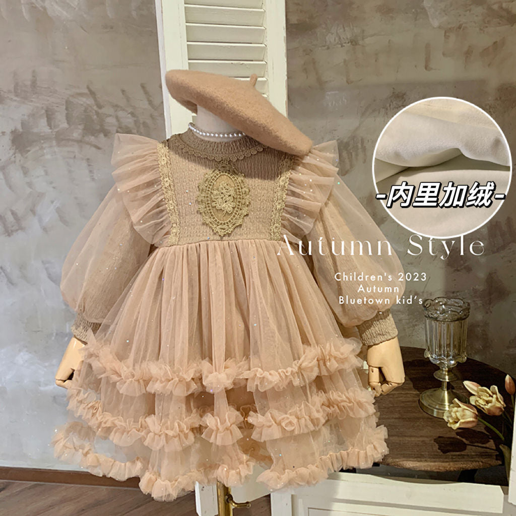 Girls mesh dress 2025 new autumn and winter velvet girls foreign fashion skirt girls baby children autumn clothes