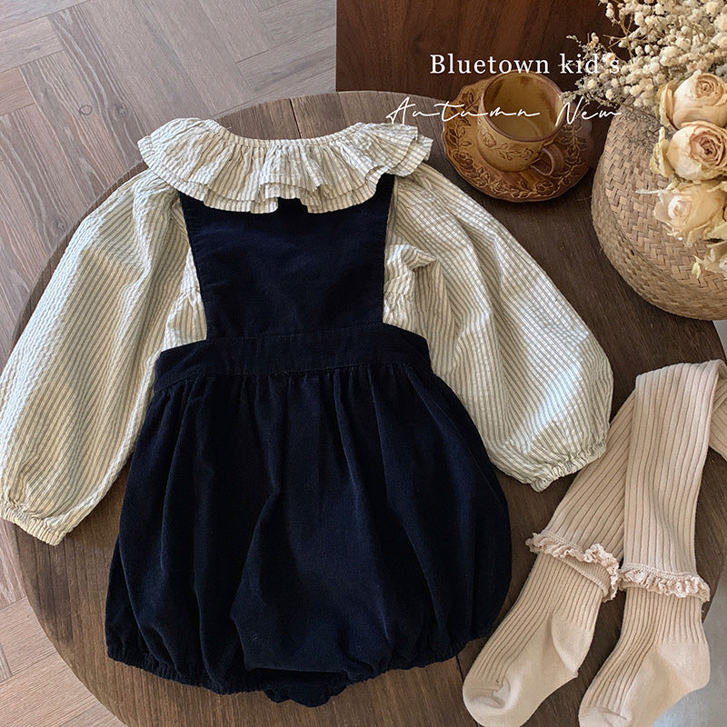 韩版童装2025春秋新款洋气时髦娃娃领条纹衬衫时尚花苞背带裤套装