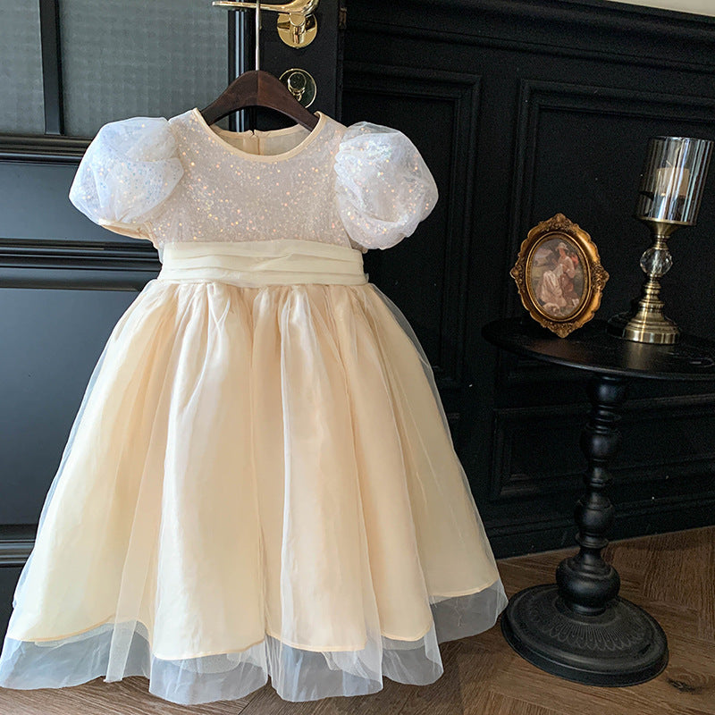 女童连衣裙夏儿童时髦蓬蓬纱礼服裙洋气女孩泡泡袖网纱公主裙