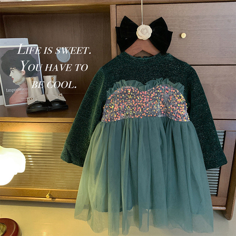 Girls dress 2025 spring and autumn new children's temperament sequined princess dress baby fleece thickened mesh skirt