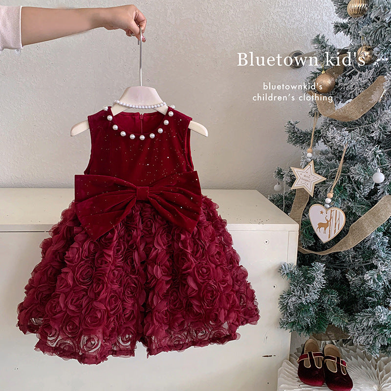 Winter children's velvet dress vest skirt baby foreign style velvet red princess skirt