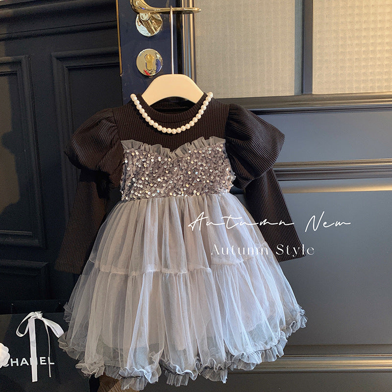 韩版童装女童秋季连衣裙儿童高级感网纱公主裙小女孩灰色礼服裙