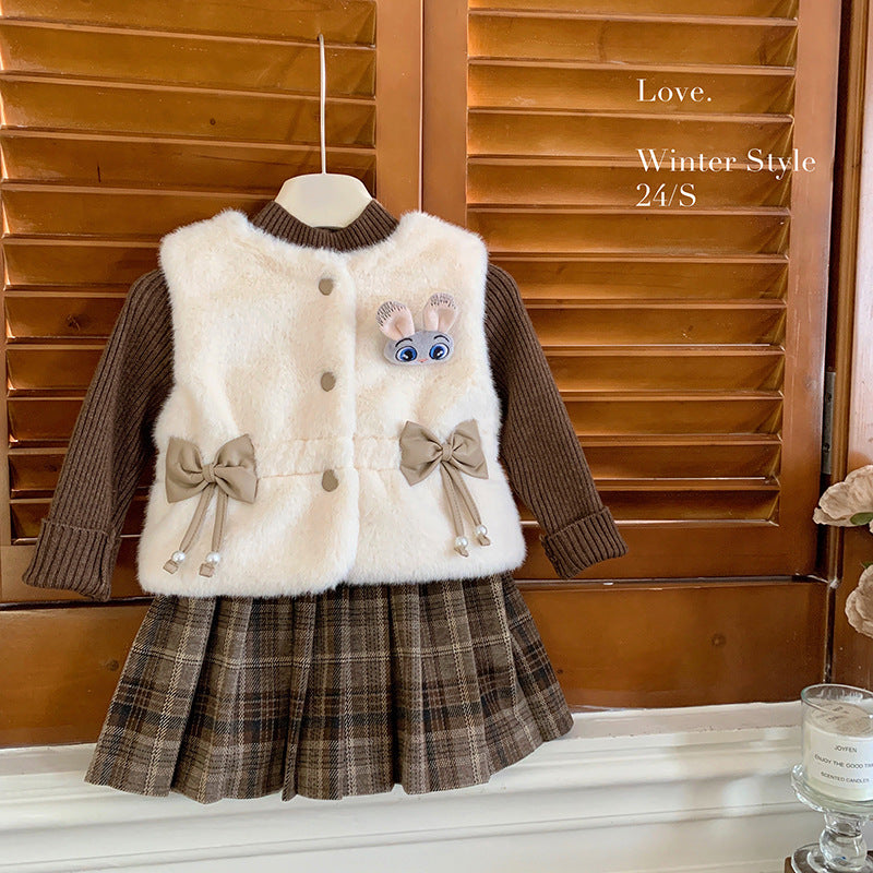 童装女童冬季毛毛马甲套装加绒裙子宝宝针织毛线衣三件套半身裙潮