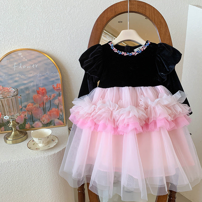 Children's clothing girls velvet bubble sleeve dress autumn and winter children's baby girl mesh velvet princess dress foreign style