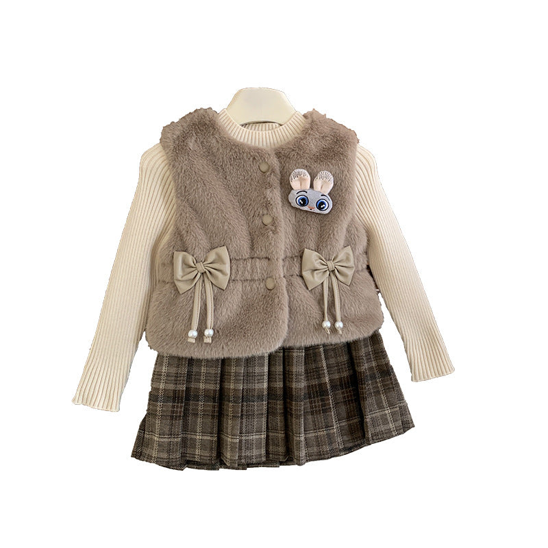 童装女童冬季毛毛马甲套装加绒裙子宝宝针织毛线衣三件套半身裙潮