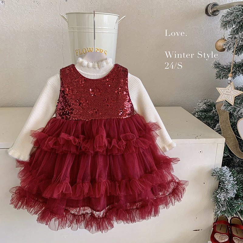 Girls gauze skirt set winter velvet children's layer cake skirt winter baby birthday dress sweater without velvet