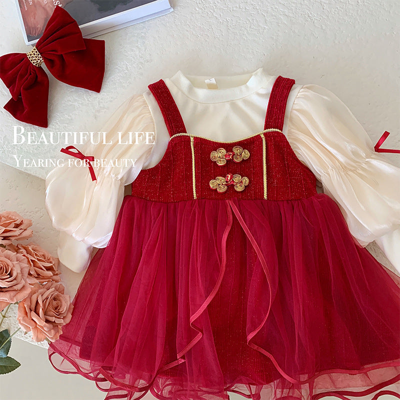 Girls' suit skirt winter 2025 new foreign style baby red New Year's dress velvet thickened princess skirt two-piece set