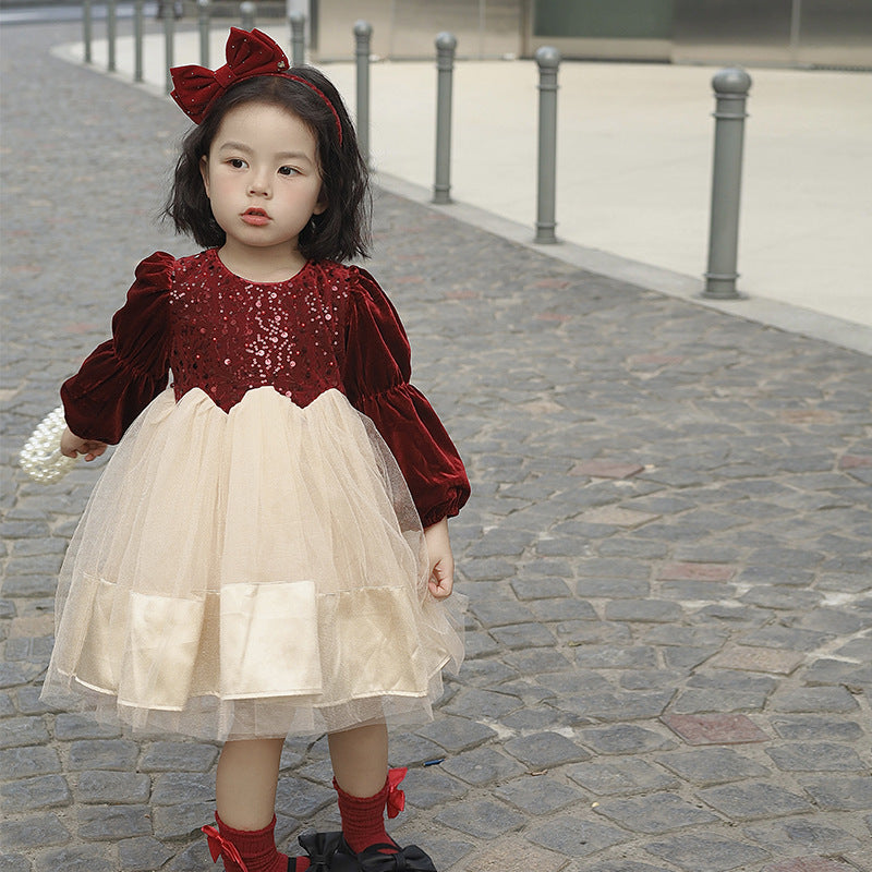 Girls dress autumn and winter 2025 new foreign style dress girls fleece thickened princess dress fluffy gauze skirt