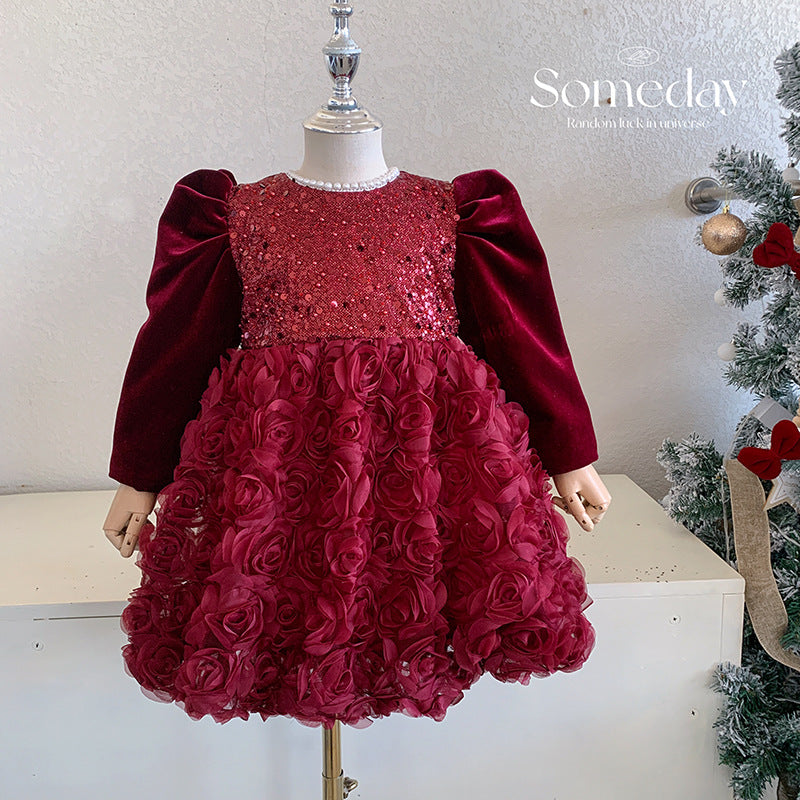 2025新款女童新中式网纱蓬蓬连衣裙女宝宝洋气圣诞加绒亮片公主裙