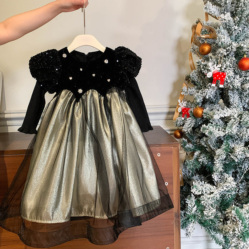 Children's clothing Girls' premium heavy industry dress Autumn and winter sleeves Thickened skirt Fleece dress Female treasure Birthday princess dress