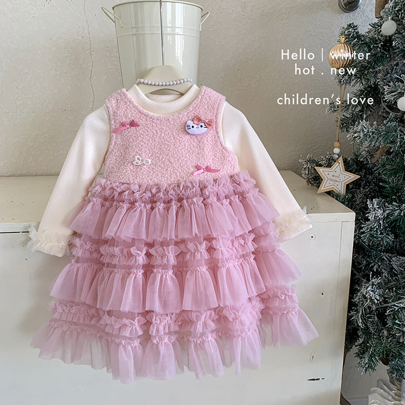 Girls dress winter 2025 new velvet primer sleeveless velvet kt cat cake dress two-piece set