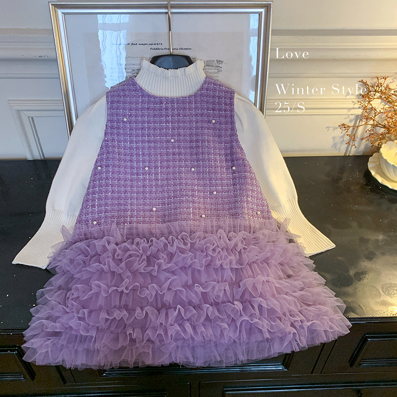 Korean version of girls' autumn and winter sleeveless back bow velvet small fragrant vest skirt without velvet knitted top two-piece set