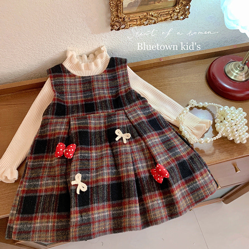 Dress children's clothing girls two plaid fleece dress new little girl no fleece knitted sweater set