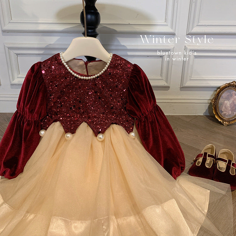 Girls velvet dress children 2025 new foreign style winter princess skirt baby year old red dress skirt
