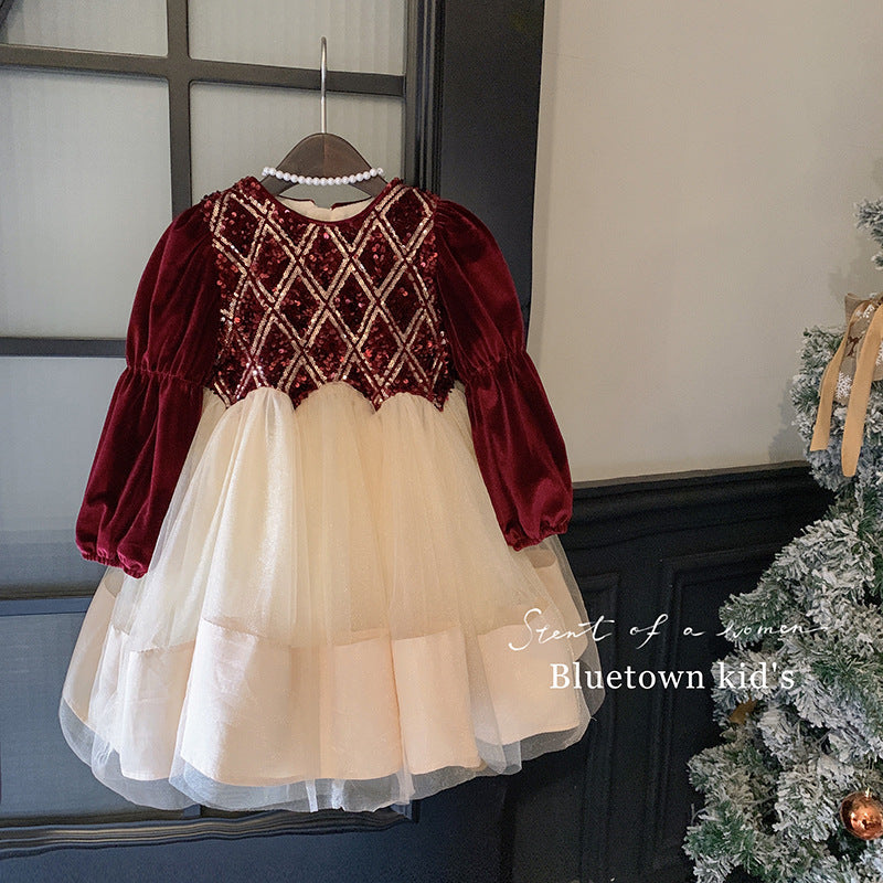 Girls' velvet dress children's clothing 2025 new baby princess dress foreign style children's New Year red skirt fashionable