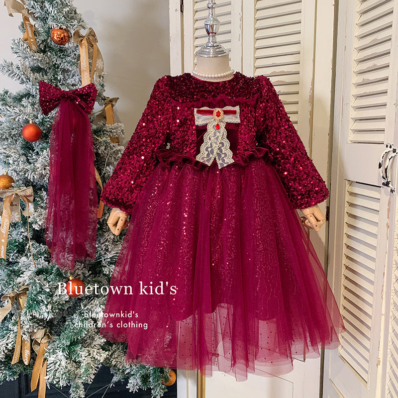 Girls dress winter 2025 new velvet christmas new year sequined princess gauze dress foreign fashion dress dress