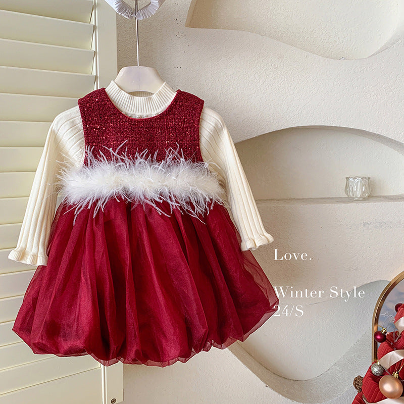 Girls' small fragrant style set, winter clothing, foreign style velvet vest, splicing tutu skirt, children's knitted top, two-piece set