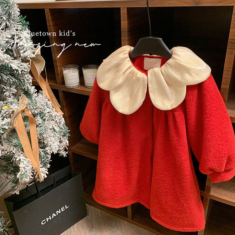 Girls' New Year's greetings red woolen jacket 2025 autumn and winter children's gas doll shirt collar clip cotton coat