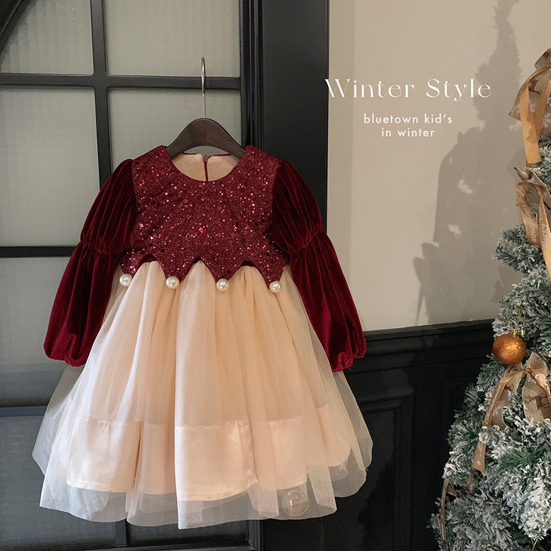 Girls velvet dress children 2025 new foreign style winter princess skirt baby year old red dress skirt