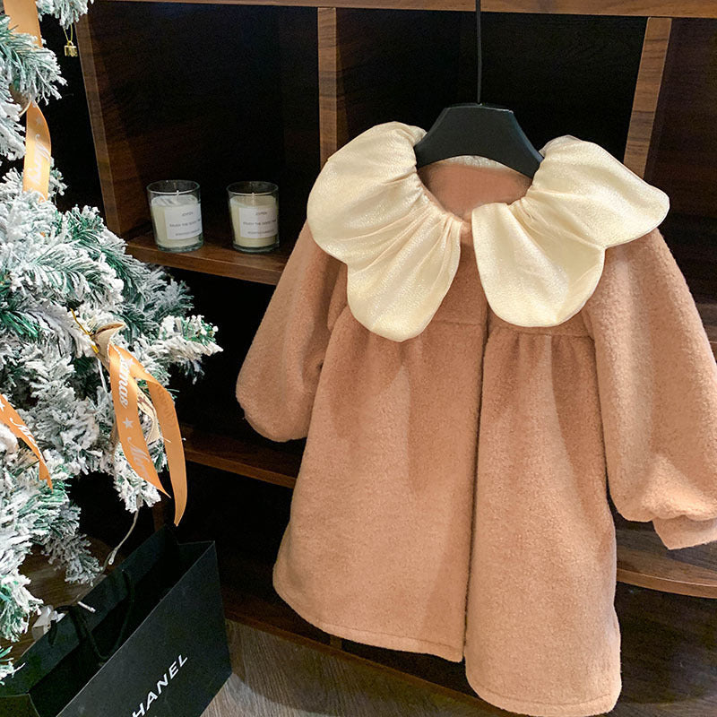 Girls' New Year's greetings red woolen jacket 2025 autumn and winter children's gas doll shirt collar clip cotton coat