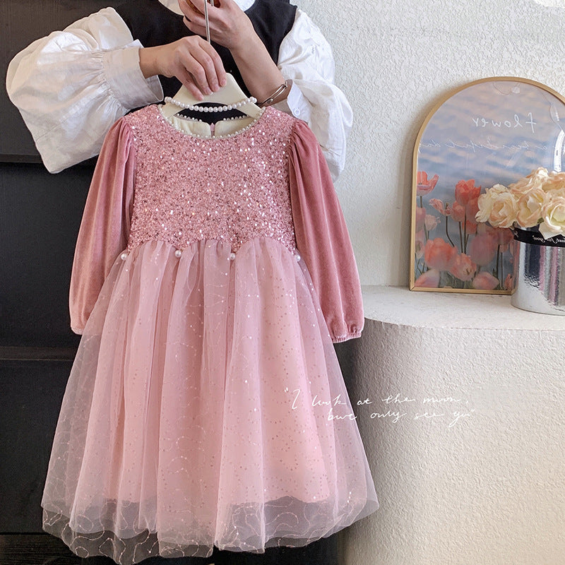 Korean version 2025 winter velvet mesh splicing long-sleeved dress pink sequined princess dress birthday dress dress dress