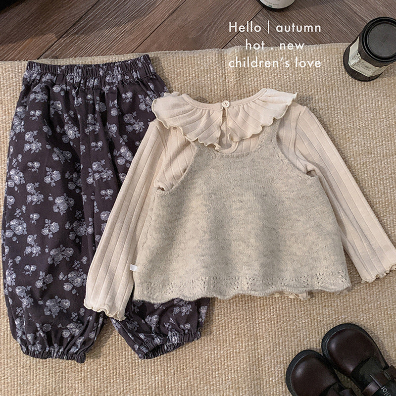 女童针织背心马甲秋季童装花边娃娃领上衣打底衫碎花裤子三套装