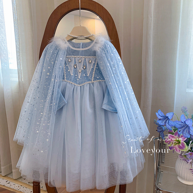 Female Treasure Fluffy Gauze Dress with Shawl Removable Frozen Dress