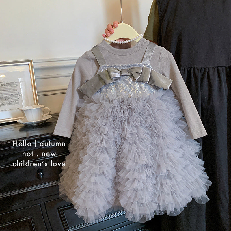 Girls sequined bow dress 2025 autumn new vest princess skirt bottoming top two-piece set