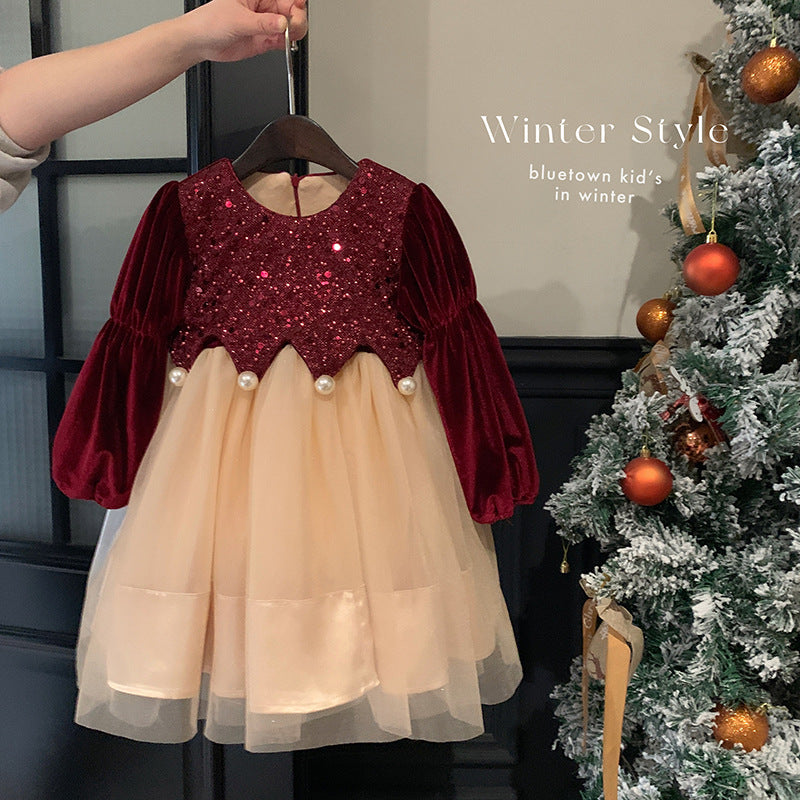 Girls velvet dress children 2025 new foreign style winter princess skirt baby year old red dress skirt