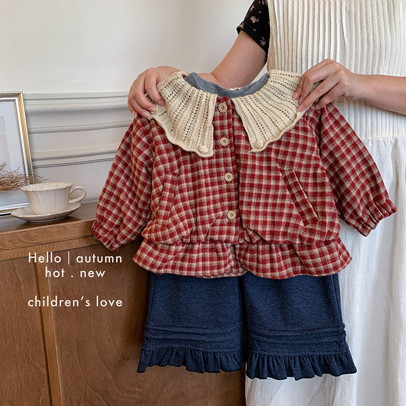 Girls' suit, spring and autumn 2025 new foreign-style baby girl fashionable plaid top, bottoming casual pants three-piece set