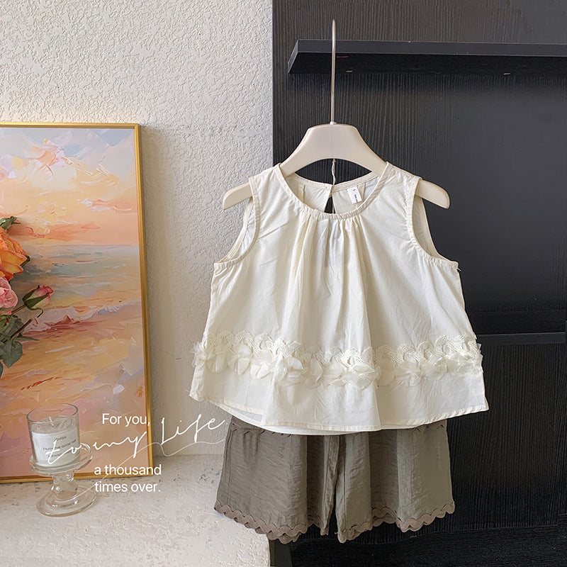 Korean version of children's clothing girls' suit 2025 new children's foreign fashion lace splicing vest skirt girls two-piece set