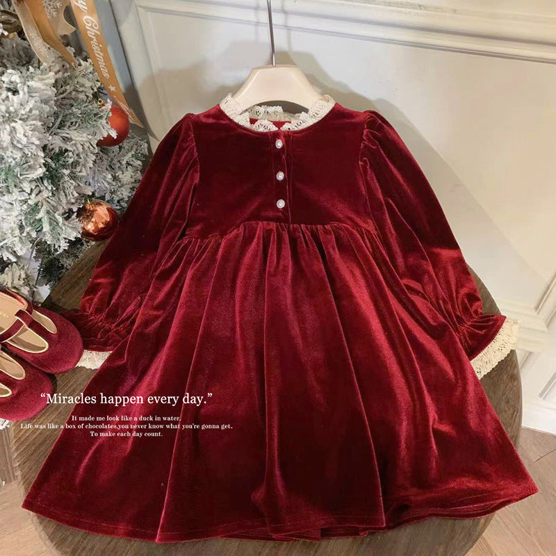 秋冬新款女童丝绒连衣裙宝宝气质蕾丝花边加绒长袖儿童圣诞新年裙