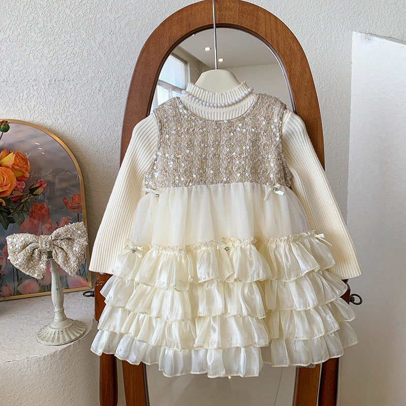 Girls autumn and winter 2025 new sleeveless sequined fleece dress without fleece knitted top two-piece set