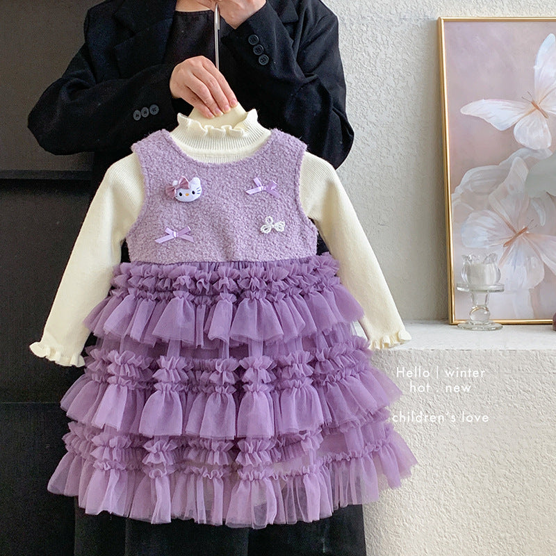 女童连衣裙冬款2025新款针织毛衣无袖加绒kt猫蛋糕连衣裙两件套