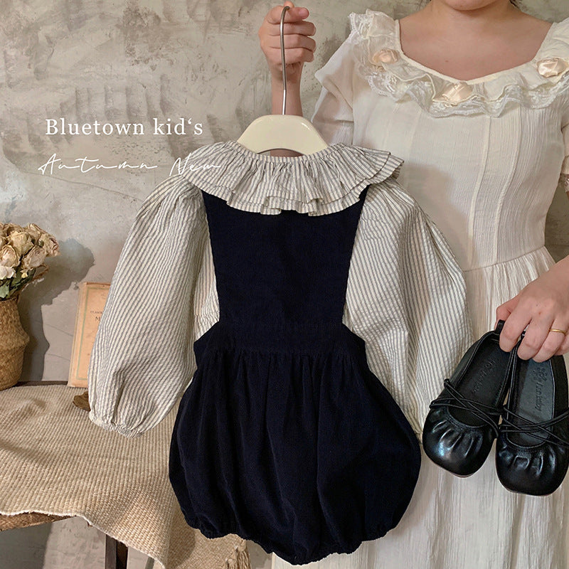 韩版童装2025春秋新款洋气时髦娃娃领条纹衬衫时尚花苞背带裤套装