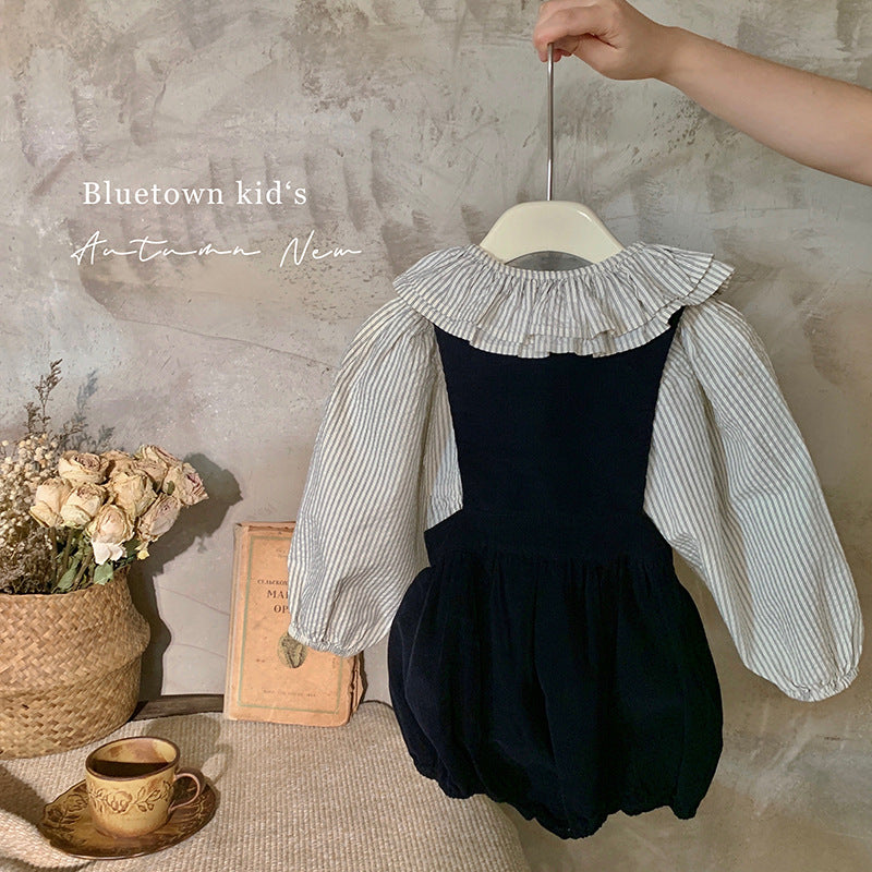 韩版童装2025春秋新款洋气时髦娃娃领条纹衬衫时尚花苞背带裤套装