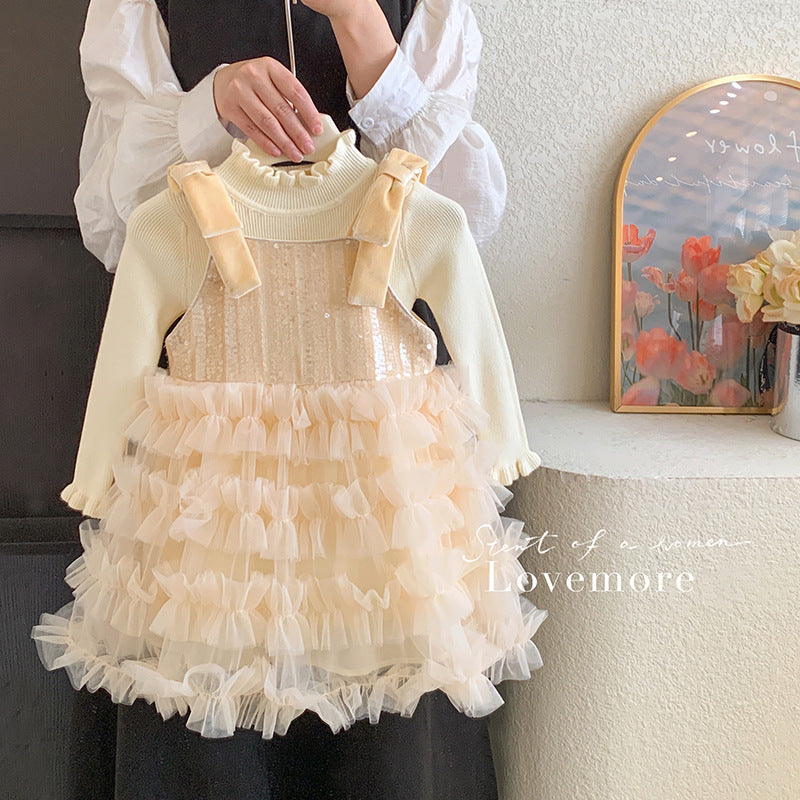 Girls fleece suspender dress winter new sweet girls mesh puffy princess dress without fleece sweater