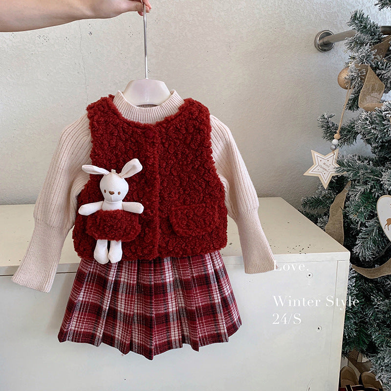 Girls autumn and winter 2025 new fashionable furry thickened vest knitted top plush pleated skirt three-piece set