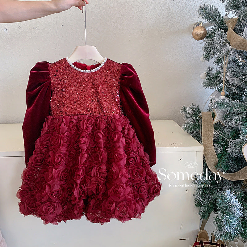 2025新款女童新中式网纱蓬蓬连衣裙女宝宝洋气圣诞加绒亮片公主裙