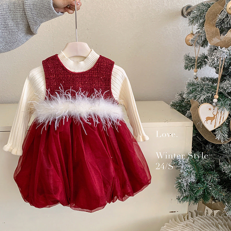 Girls' small fragrant style set, winter clothing, foreign style velvet vest, splicing tutu skirt, children's knitted top, two-piece set