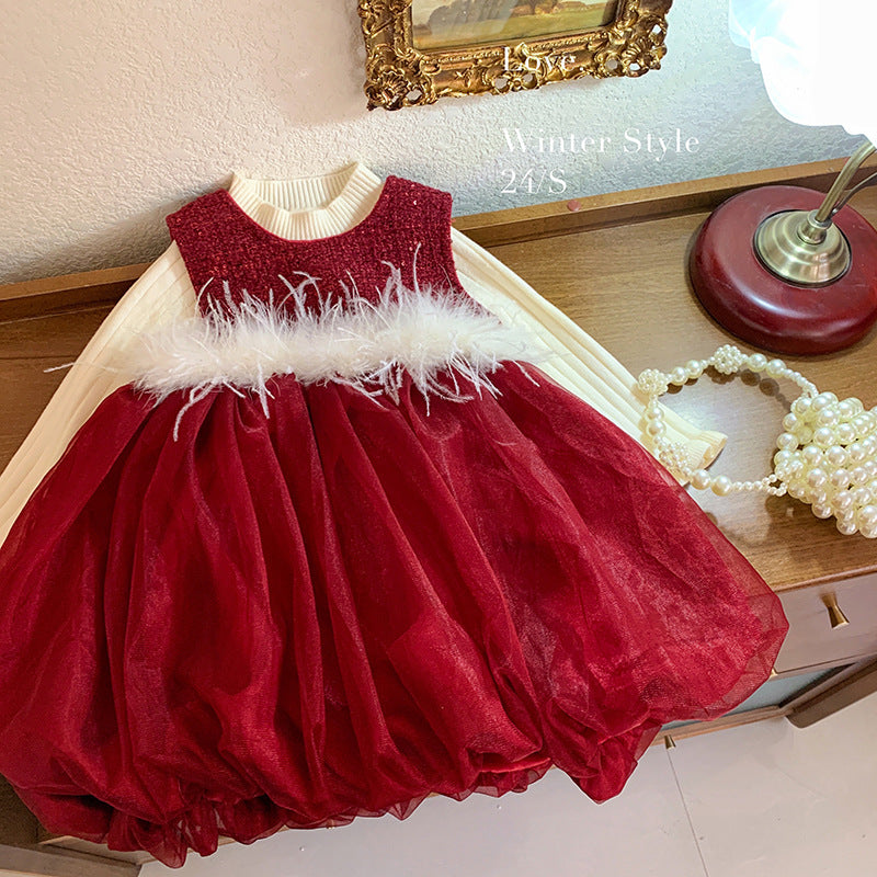 Girls' small fragrant style set, winter clothing, foreign style velvet vest, splicing tutu skirt, children's knitted top, two-piece set