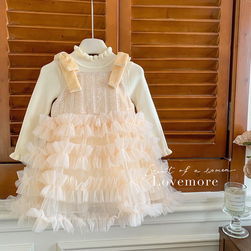 Girls fleece suspender dress winter new sweet girls mesh puffy princess dress without fleece sweater