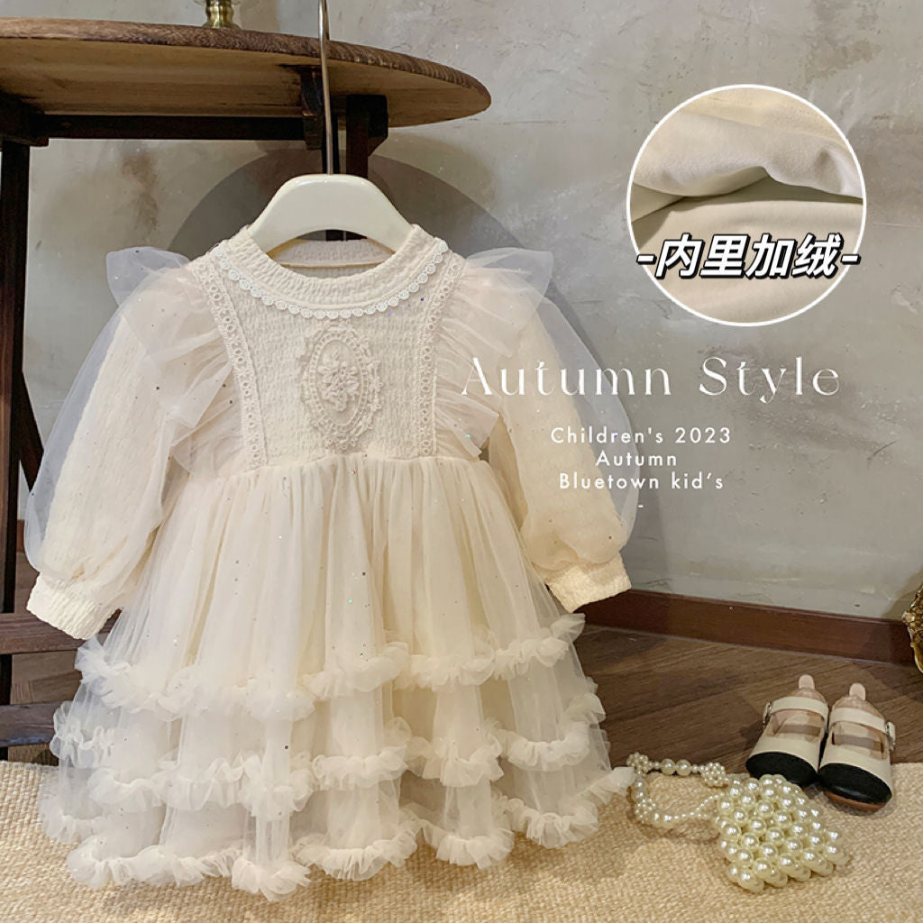 Girls mesh dress 2025 new autumn and winter velvet girls foreign fashion skirt girls baby children autumn clothes