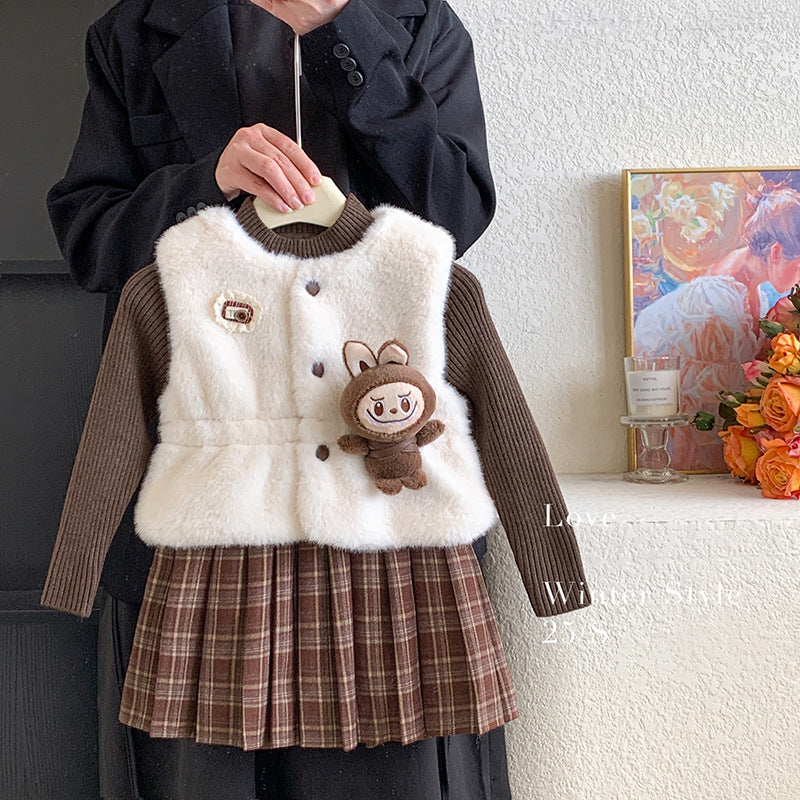 Girls dress autumn and winter 2025 new foreign style children's fur vest long-sleeved sweater plush skirt three-piece set
