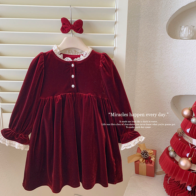 秋冬新款女童丝绒连衣裙宝宝气质蕾丝花边加绒长袖儿童圣诞新年裙
