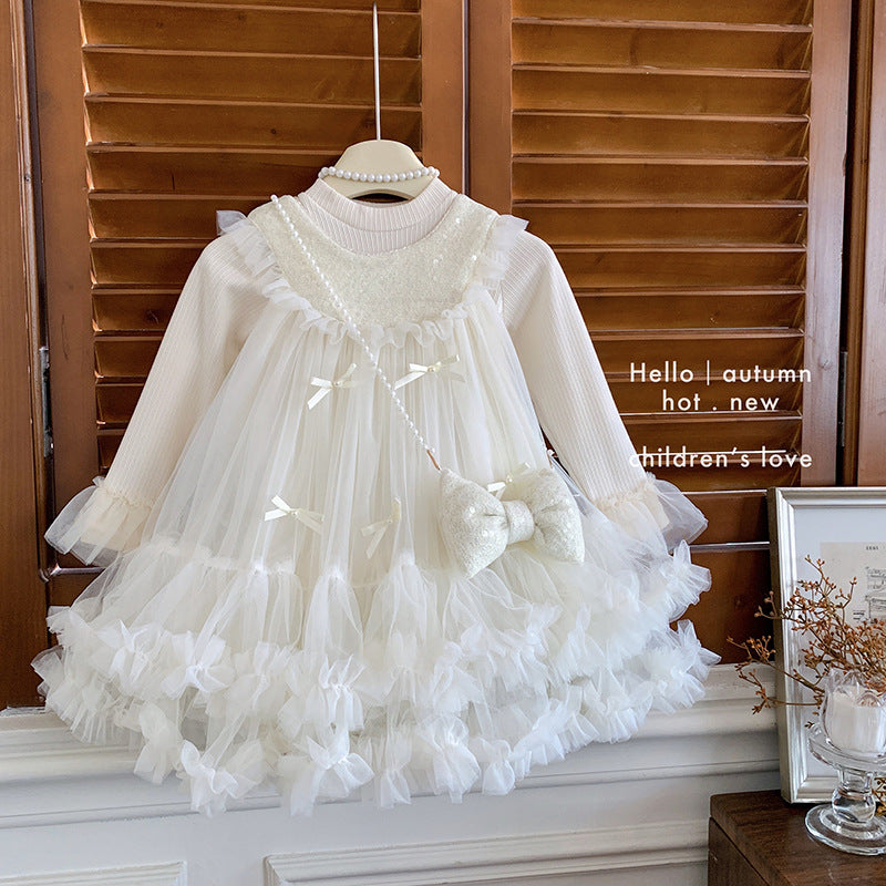 Foreign baby girl bottoming top sleeveless bow puffy dress two-piece set